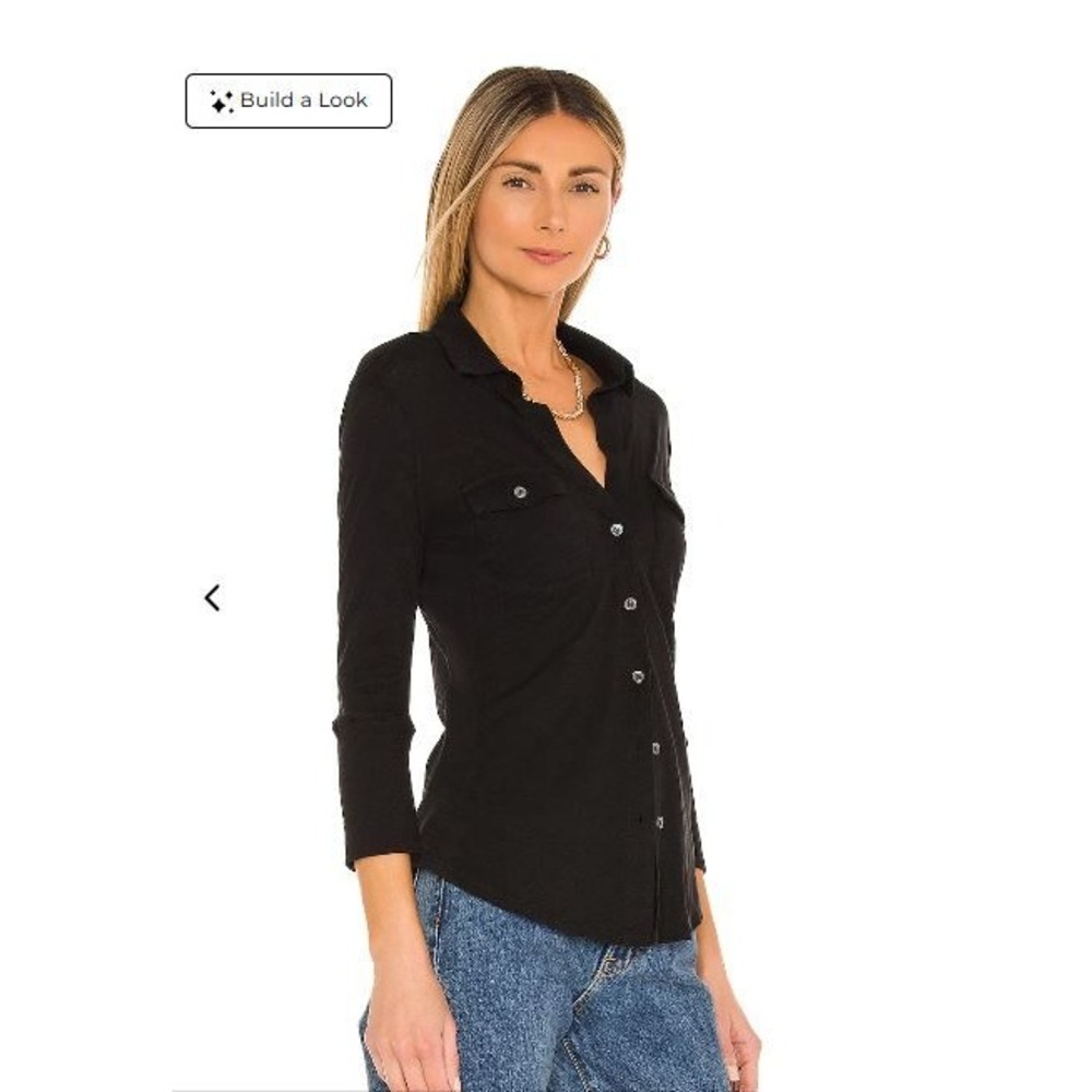 James Perse Standard Black Contrast Panel Slub Knit Button Down Shirt L/XL 4